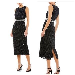 Mac Duggal Black Beaded Midi Dress with Silver Waistband Accent